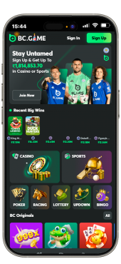 BC Game app main screen on a mobile phone