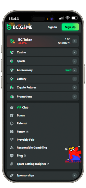 Navigation menu in the BC Game app on mobile