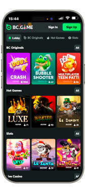Casino games screen in the BC Game app on mobile