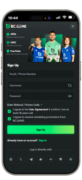 Account registration screen on a mobile phone