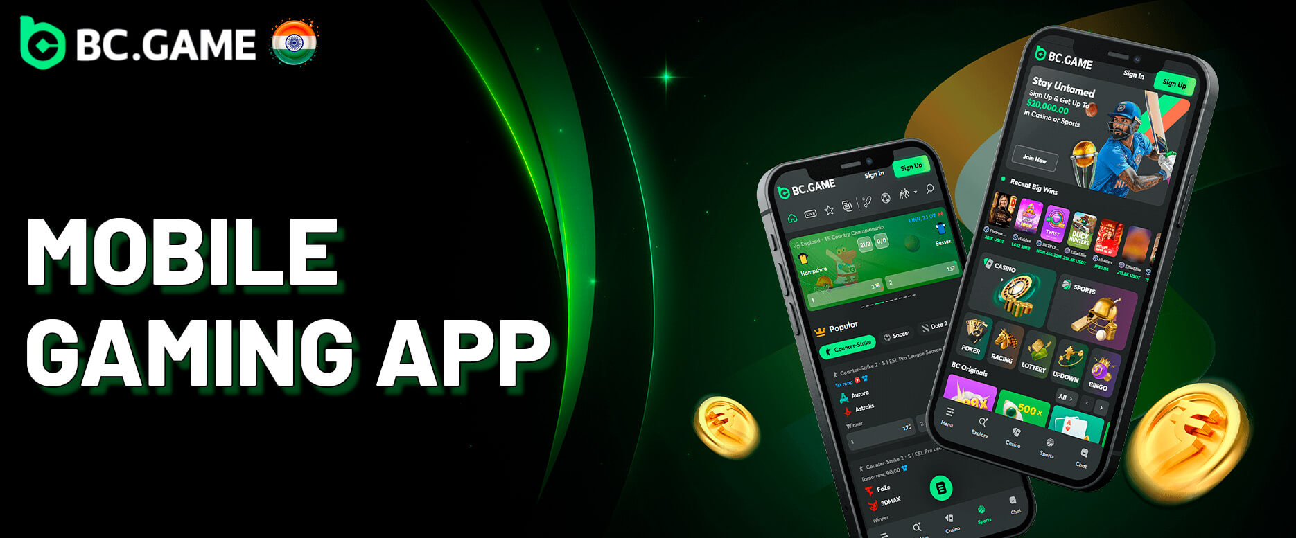 BC Game mobile app screens on smartphones in India