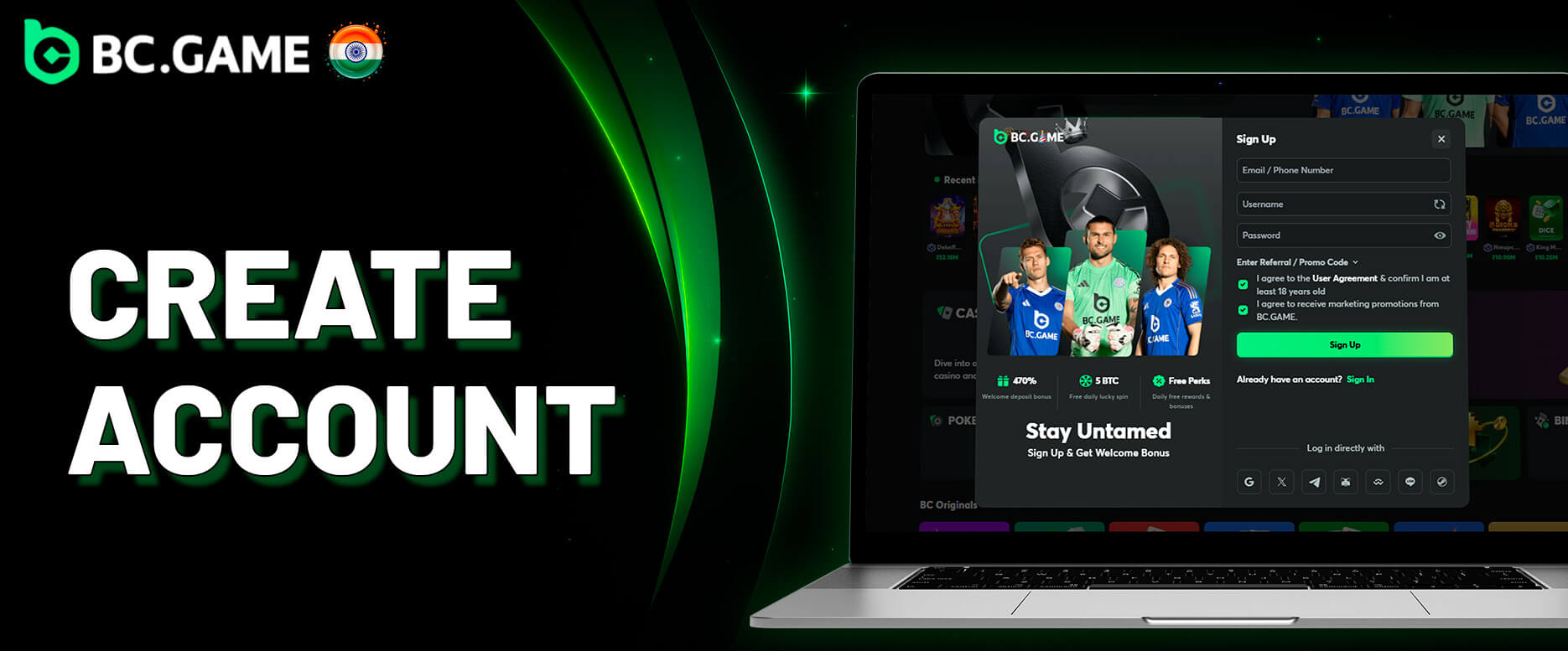 BC Game registration page on a laptop screen